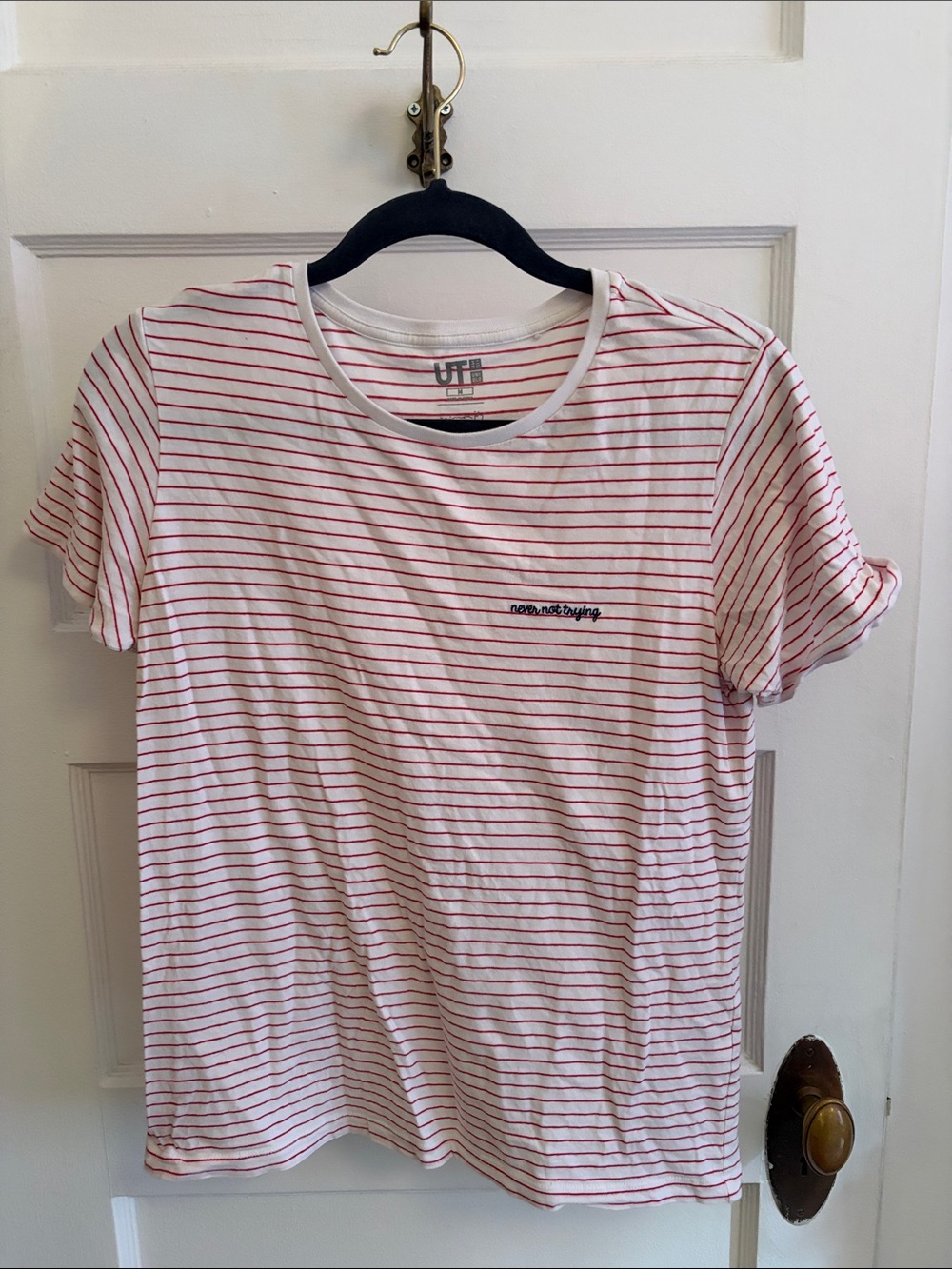 Uniqlo White Tee with Thin Red Stripes